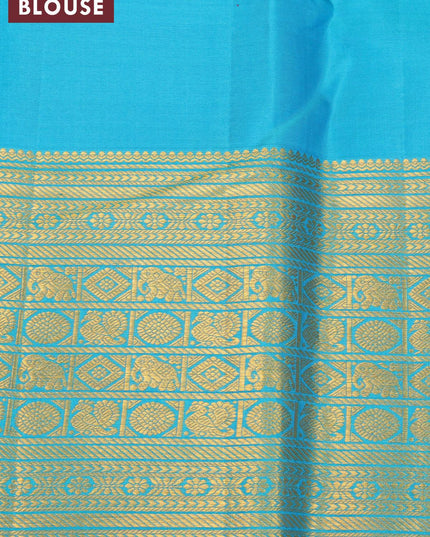 Pure kanjivaram silk saree pink and teal blue with allover zari checks & buttas and temple design zari woven border - {{ collection.title }} by Prashanti Sarees