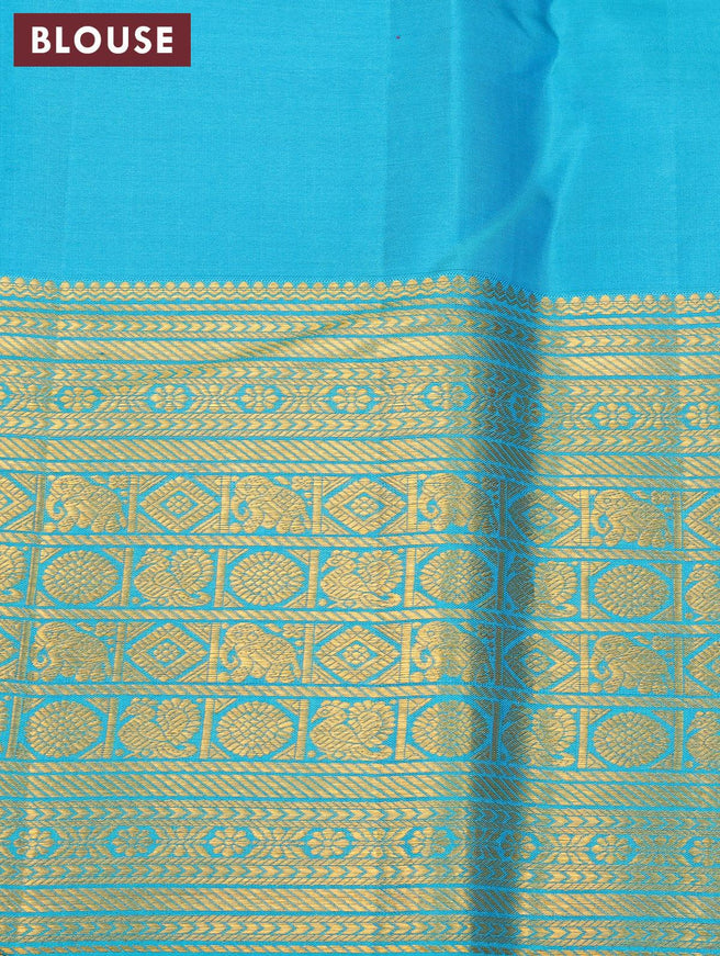 Pure kanjivaram silk saree pink and teal blue with allover zari checks & buttas and temple design zari woven border - {{ collection.title }} by Prashanti Sarees