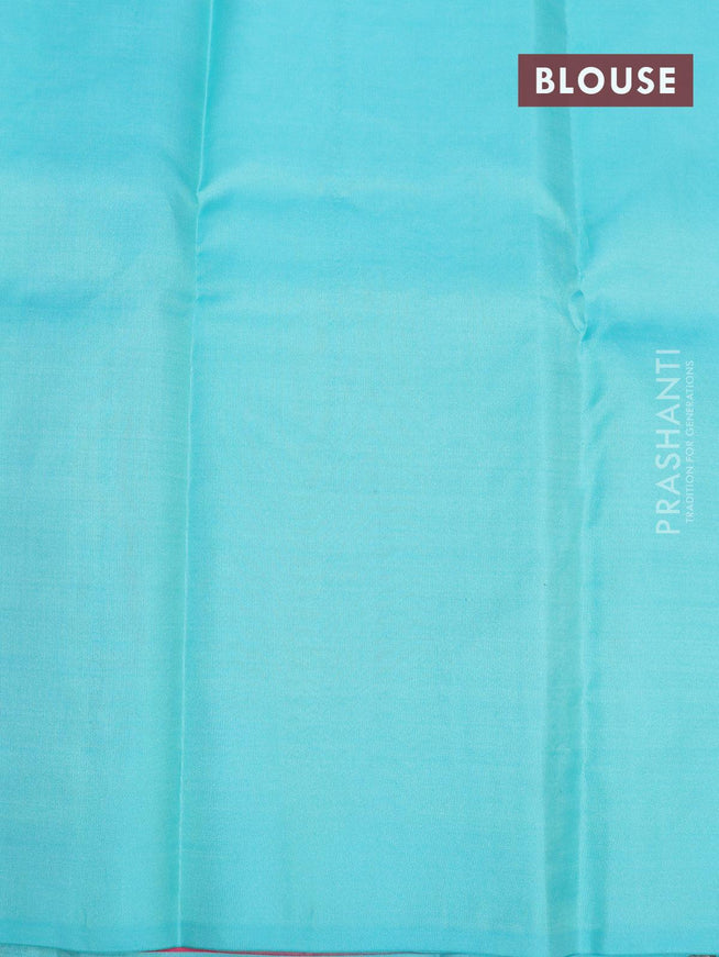 Pure kanjivaram silk saree pink and teal blue with geometric zari woven buttas in borderless style - {{ collection.title }} by Prashanti Sarees