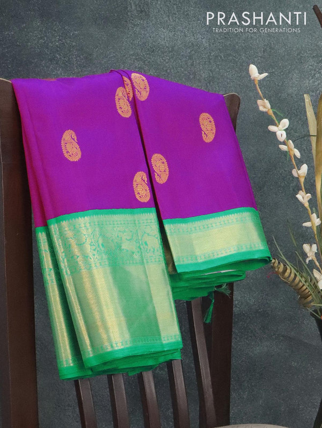 Pure Kanjivaram silk saree pink and teal green with zari woven paisley buttas and rich zari woven border - {{ collection.title }} by Prashanti Sarees