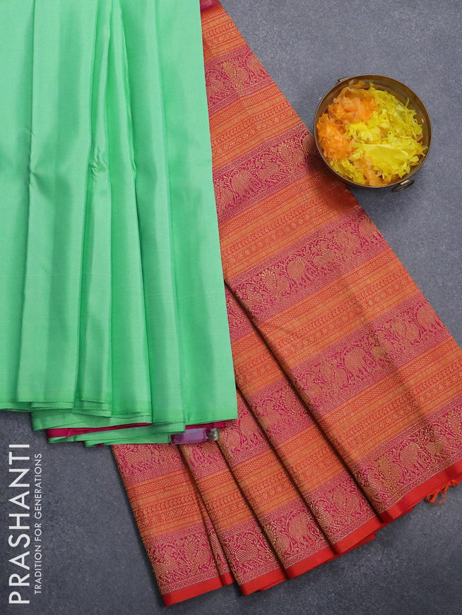 Pure kanjivaram silk saree pista green and pink orange with half & half style and long zari woven border - {{ collection.title }} by Prashanti Sarees