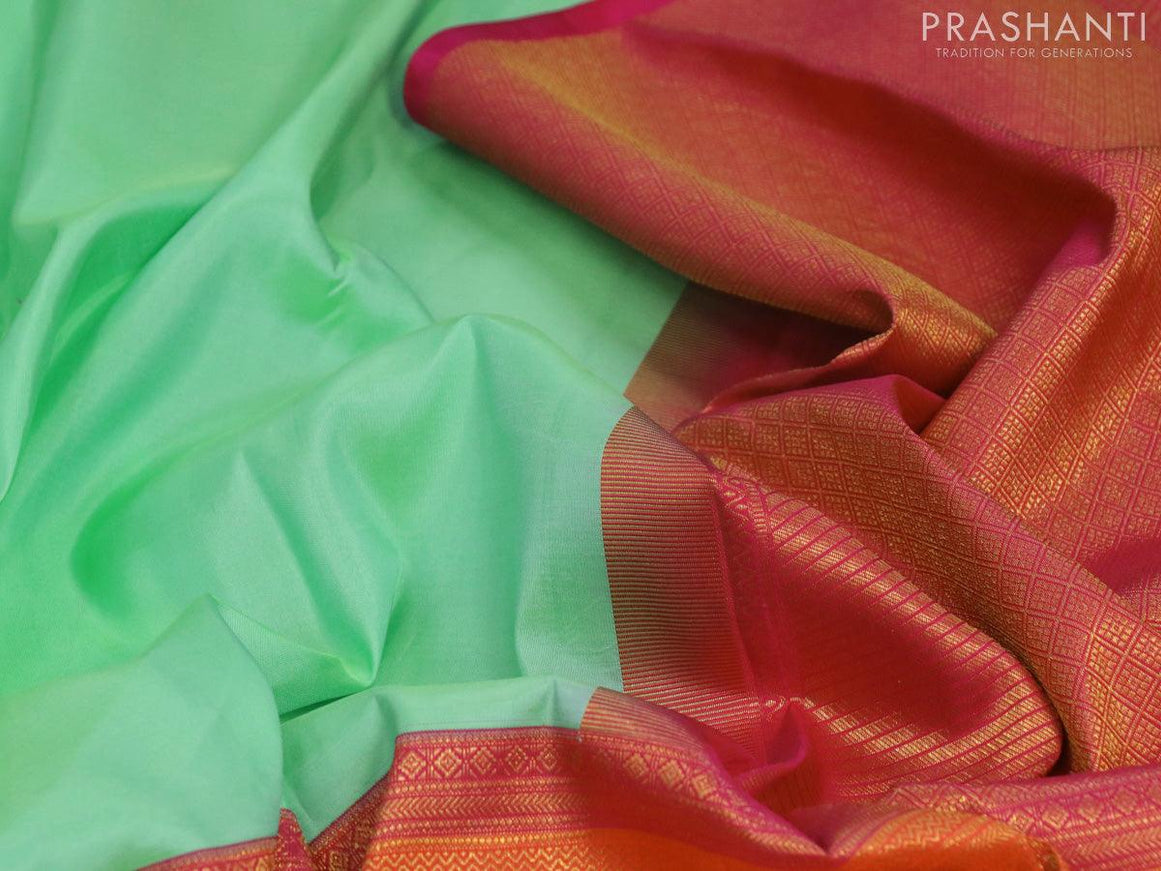 Pure kanjivaram silk saree pista green and pink orange with half & half style and long zari woven border - {{ collection.title }} by Prashanti Sarees