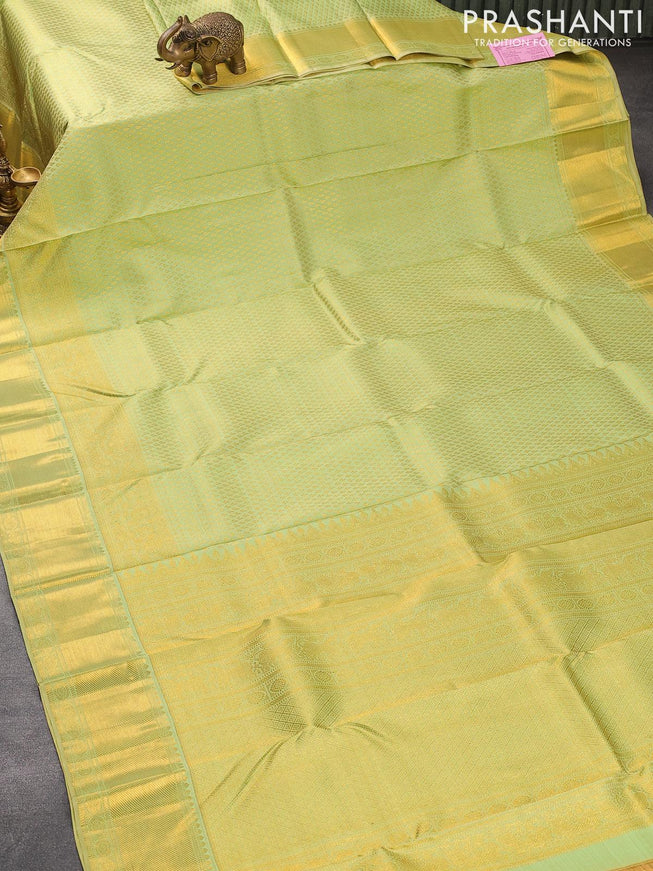 Pure kanjivaram silk saree pista green with allover zari woven brocade pattern and zari woven border - {{ collection.title }} by Prashanti Sarees