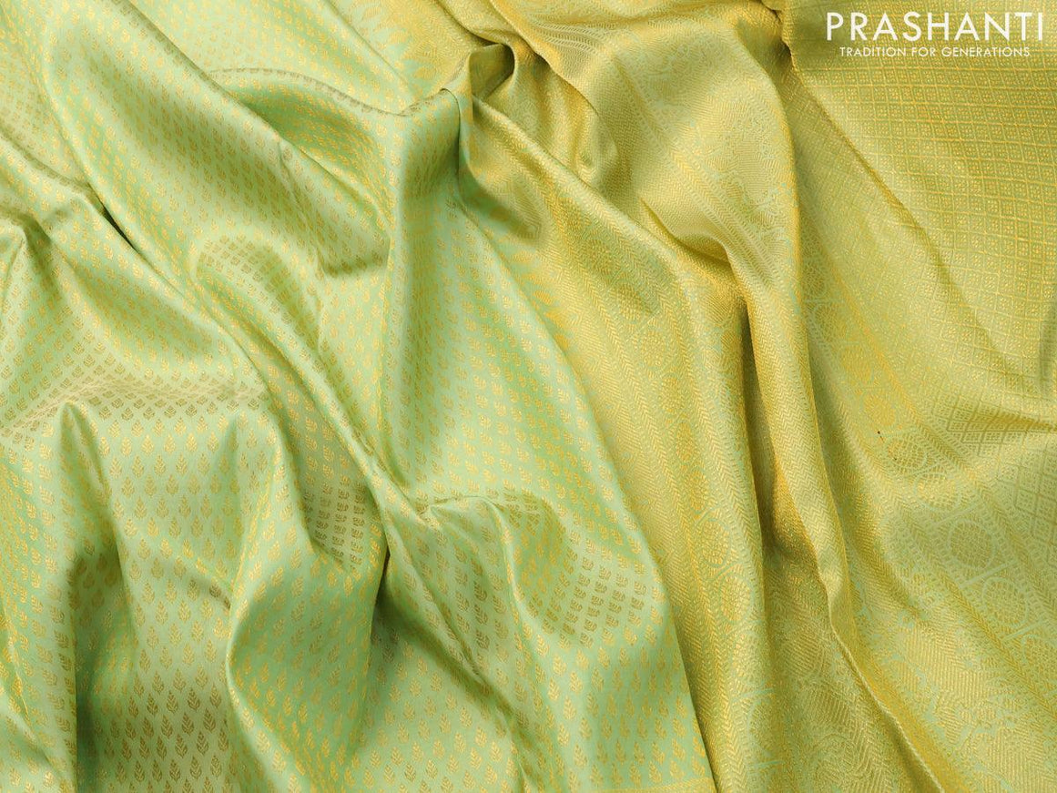 Pure kanjivaram silk saree pista green with allover zari woven brocade pattern and zari woven border - {{ collection.title }} by Prashanti Sarees