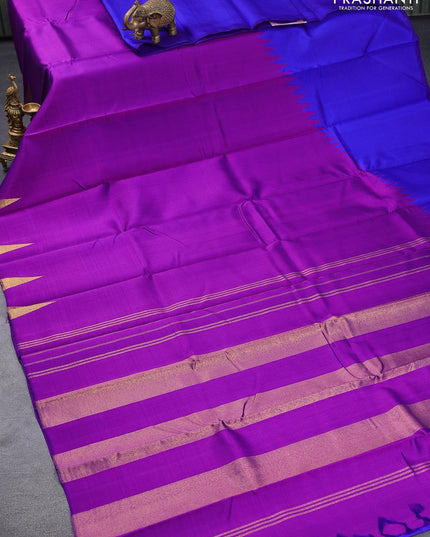 Pure kanjivaram silk saree purple and blue with plain body and temple design zari woven rising border - {{ collection.title }} by Prashanti Sarees