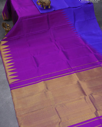 Pure kanjivaram silk saree purple and blue with plain body and temple design zari woven rising border - {{ collection.title }} by Prashanti Sarees