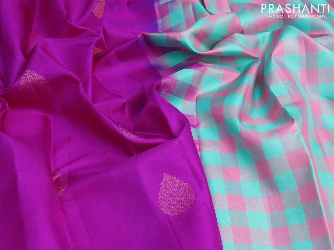 Pure kanjivaram silk saree purple and teal blue pink with zari woven buttas in borderless style - {{ collection.title }} by Prashanti Sarees