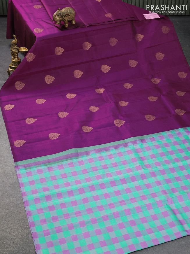 Pure kanjivaram silk saree purple and teal blue shade with zari woven buttas in borderless style - {{ collection.title }} by Prashanti Sarees