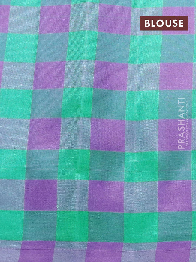 Pure kanjivaram silk saree purple and teal blue shade with zari woven buttas in borderless style - {{ collection.title }} by Prashanti Sarees