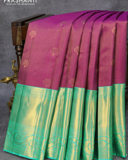 Pure kanjivaram silk saree purple and teal blue with allover vairaosi pattern & zari buttas and long zari woven border - {{ collection.title }} by Prashanti Sarees