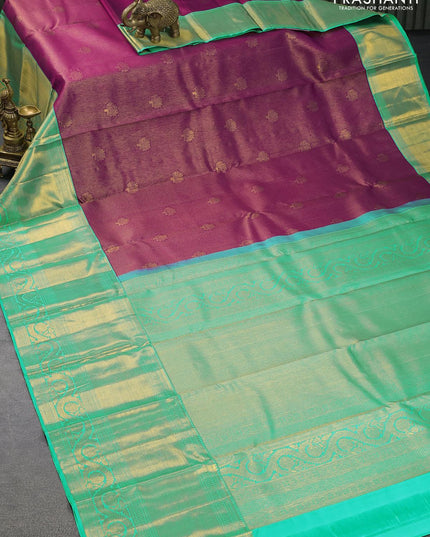 Pure kanjivaram silk saree purple and teal blue with allover vairaosi pattern & zari buttas and long zari woven border - {{ collection.title }} by Prashanti Sarees