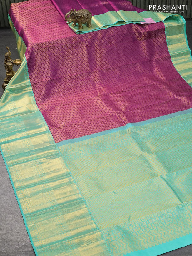 Pure kanjivaram silk saree purple and teal blue with allover zari woven brocade weaves and long rich zari woven border - {{ collection.title }} by Prashanti Sarees