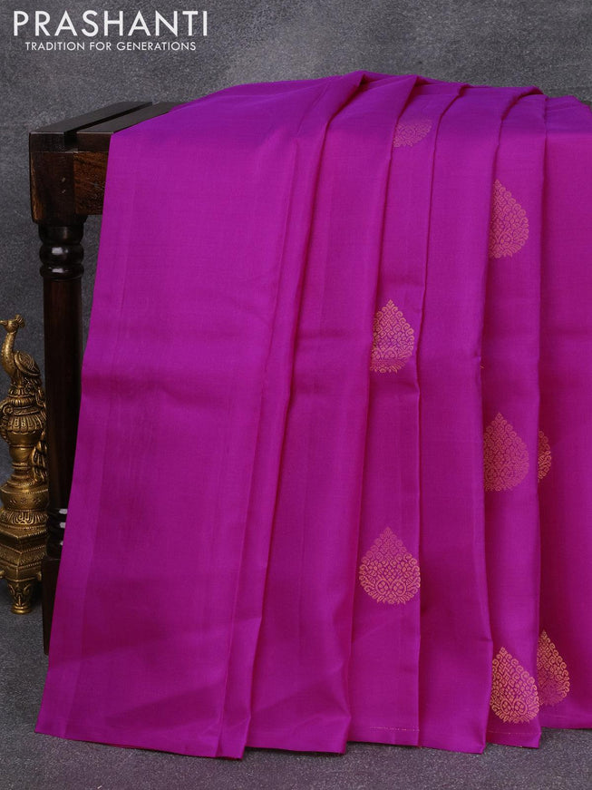 Pure kanjivaram silk saree purple and teal green shade with zari woven buttas in borderless style - {{ collection.title }} by Prashanti Sarees
