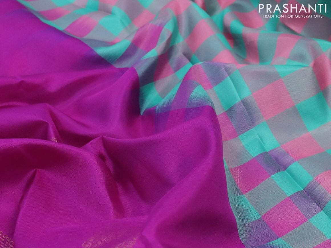 Pure kanjivaram silk saree purple and teal green shade with zari woven buttas in borderless style - {{ collection.title }} by Prashanti Sarees