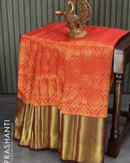Pure kanjivaram silk saree red and brown with allover zari woven brocade pattern and rich zari woven border - {{ collection.title }} by Prashanti Sarees