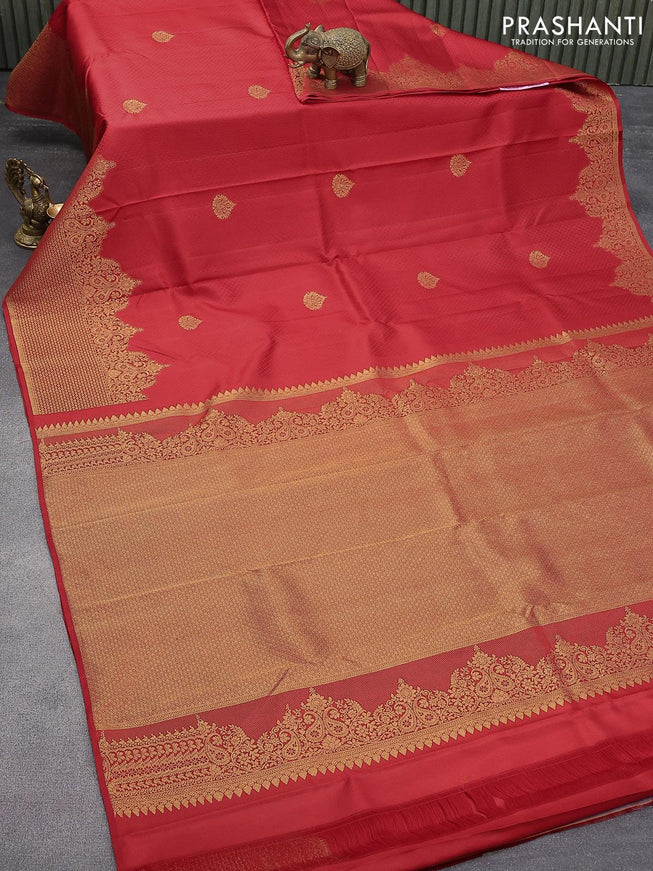 Pure kanjivaram silk saree red with allover slef emboss & zari buttas and rich zari woven border - {{ collection.title }} by Prashanti Sarees