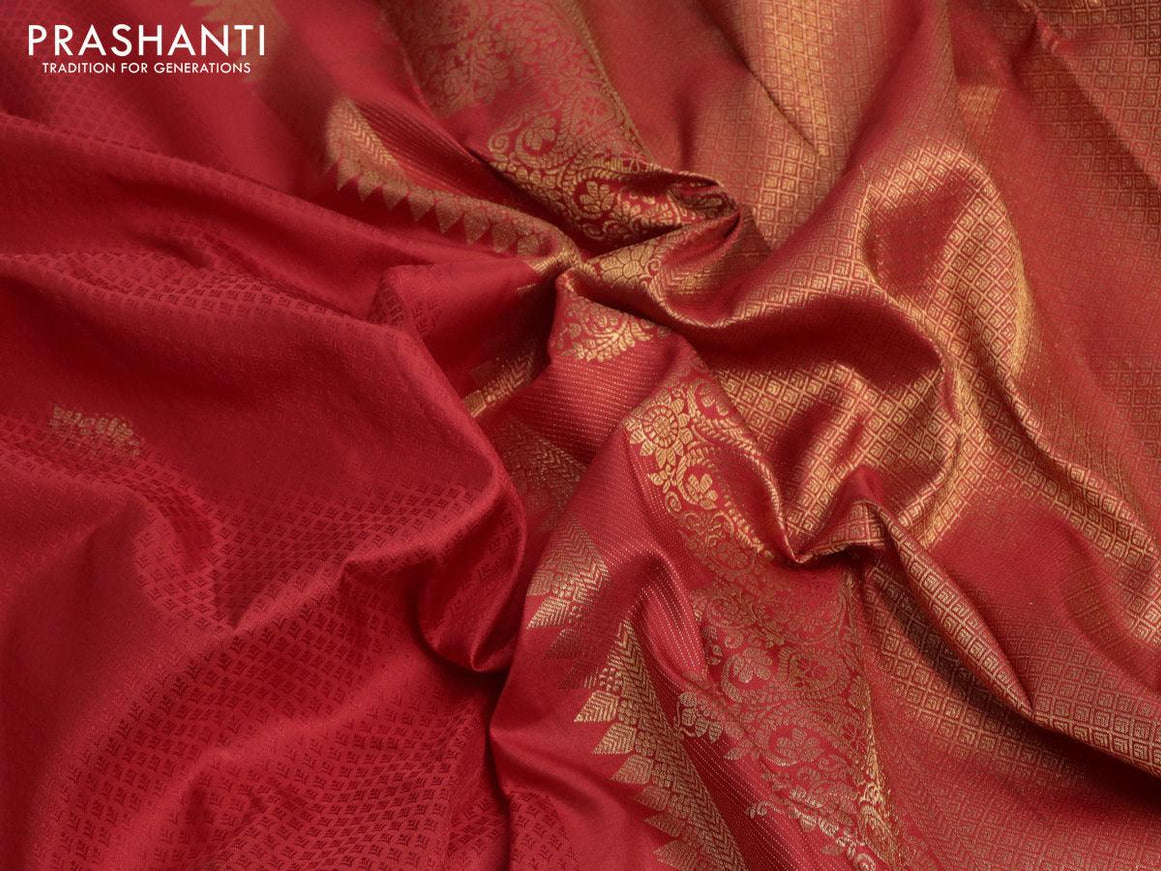 Pure kanjivaram silk saree red with allover slef emboss & zari buttas and rich zari woven border - {{ collection.title }} by Prashanti Sarees