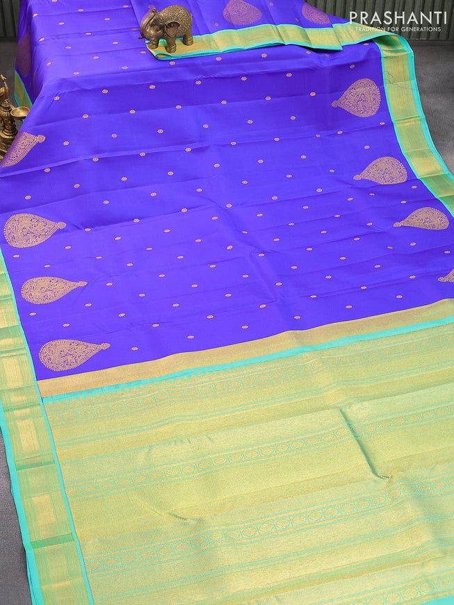 Pure kanjivaram silk saree royal blue and dual shade of teal green with zari woven buttas and zari woven border - {{ collection.title }} by Prashanti Sarees