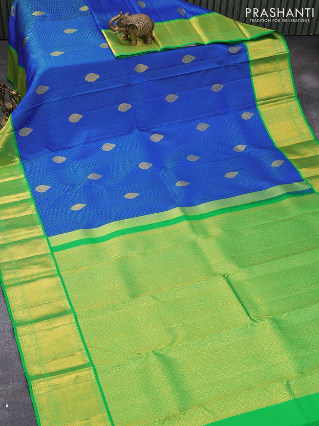 Pure kanjivaram silk saree royal blue and light green with allover self emboss & buttas and zari woven border - {{ collection.title }} by Prashanti Sarees