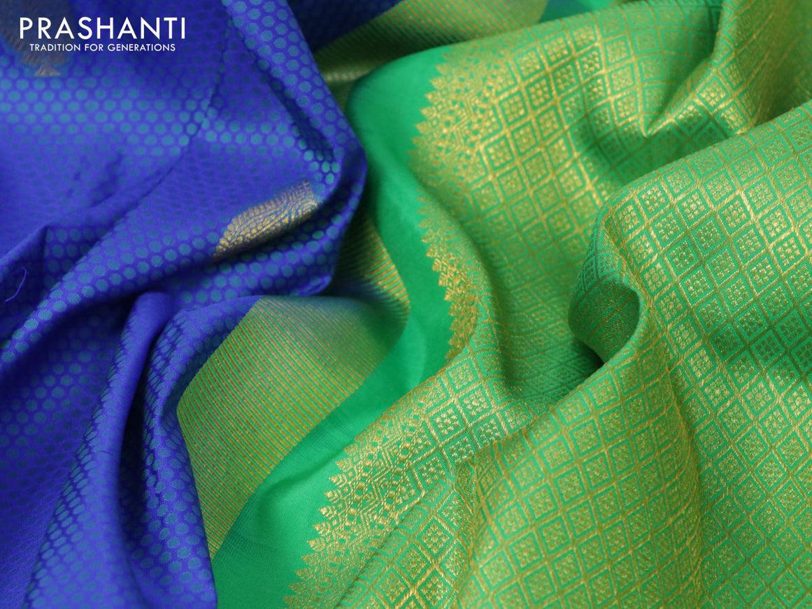 Pure kanjivaram silk saree royal blue and light green with allover self emboss & buttas and zari woven border - {{ collection.title }} by Prashanti Sarees