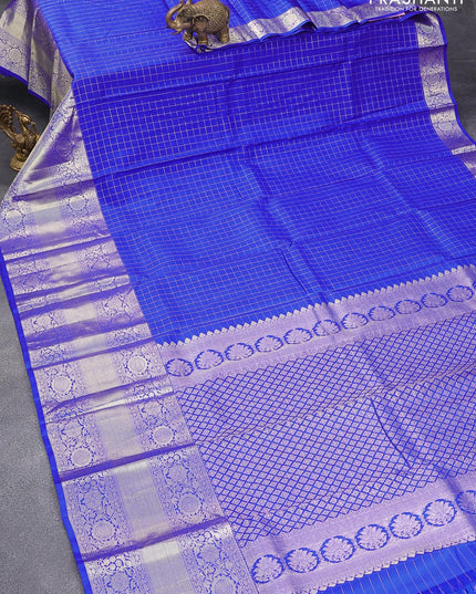 Pure kanjivaram silk saree royal blue with allover line checked pattern and long floral zari woven border - {{ collection.title }} by Prashanti Sarees