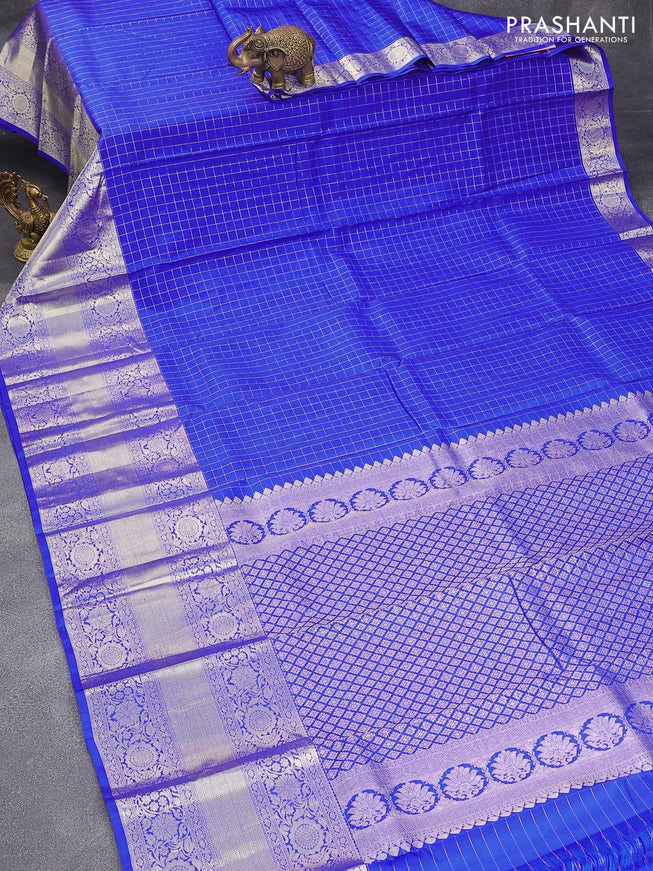 Pure kanjivaram silk saree royal blue with allover line checked pattern and long floral zari woven border - {{ collection.title }} by Prashanti Sarees