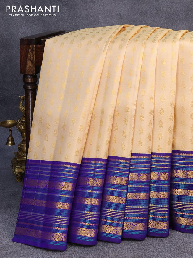 Pure kanjivaram silk saree sandal and blue with allover zari woven buttas and long rich zari woven border - {{ collection.title }} by Prashanti Sarees