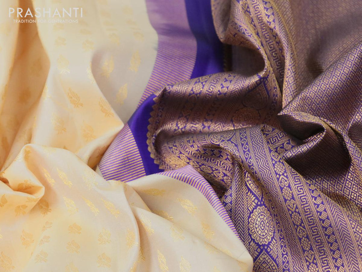 Pure kanjivaram silk saree sandal and blue with allover zari woven buttas and long rich zari woven border - {{ collection.title }} by Prashanti Sarees