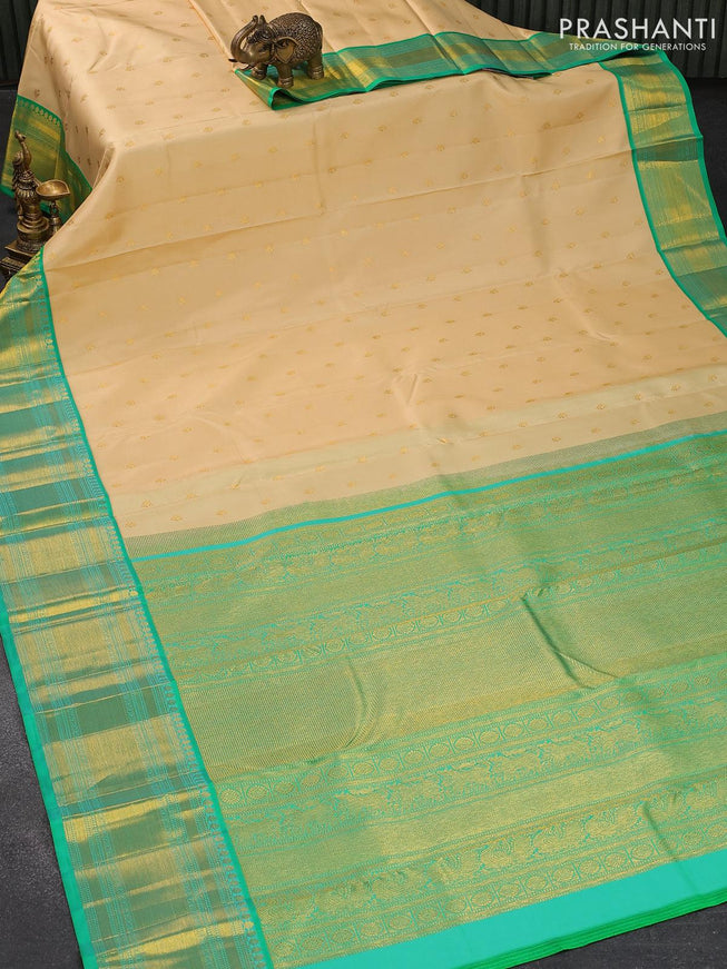 Pure kanjivaram silk saree sandal and green with allover zari woven buttas and zari woven border - {{ collection.title }} by Prashanti Sarees