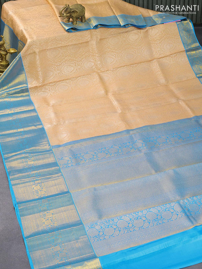 Pure kanjivaram silk saree sandal and light blue with allover zari woven brocade weaves and long zari woven border Brocade pattern - {{ collection.title }} by Prashanti Sarees
