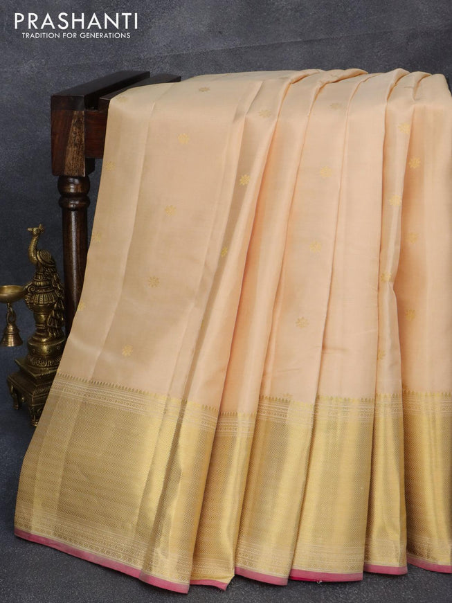 Pure kanjivaram silk saree sandal and pink with allover floral zari woven buttas and long zari woven border - {{ collection.title }} by Prashanti Sarees