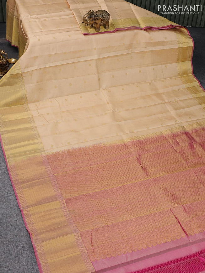 Pure kanjivaram silk saree sandal and pink with allover floral zari woven buttas and long zari woven border - {{ collection.title }} by Prashanti Sarees