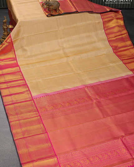 Pure kanjivaram silk saree sandal and pink with allover zari weaves and long zari woven border - {{ collection.title }} by Prashanti Sarees