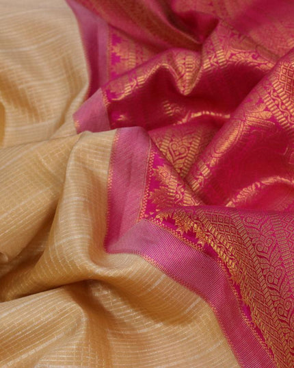 Pure kanjivaram silk saree sandal and pink with allover zari weaves and long zari woven border - {{ collection.title }} by Prashanti Sarees