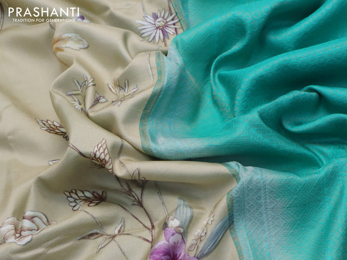 Pure kanjivaram silk saree sandal and teal blue with allover floral digital prints and zari woven simple border - {{ collection.title }} by Prashanti Sarees
