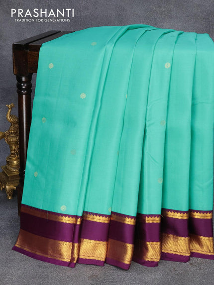 Pure kanjivaram silk saree teal blue and deep purple with zari woven buttas and zari woven korvai border - {{ collection.title }} by Prashanti Sarees