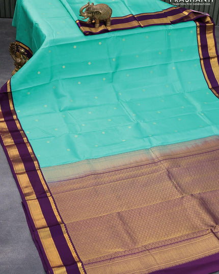 Pure kanjivaram silk saree teal blue and deep purple with zari woven buttas and zari woven korvai border - {{ collection.title }} by Prashanti Sarees