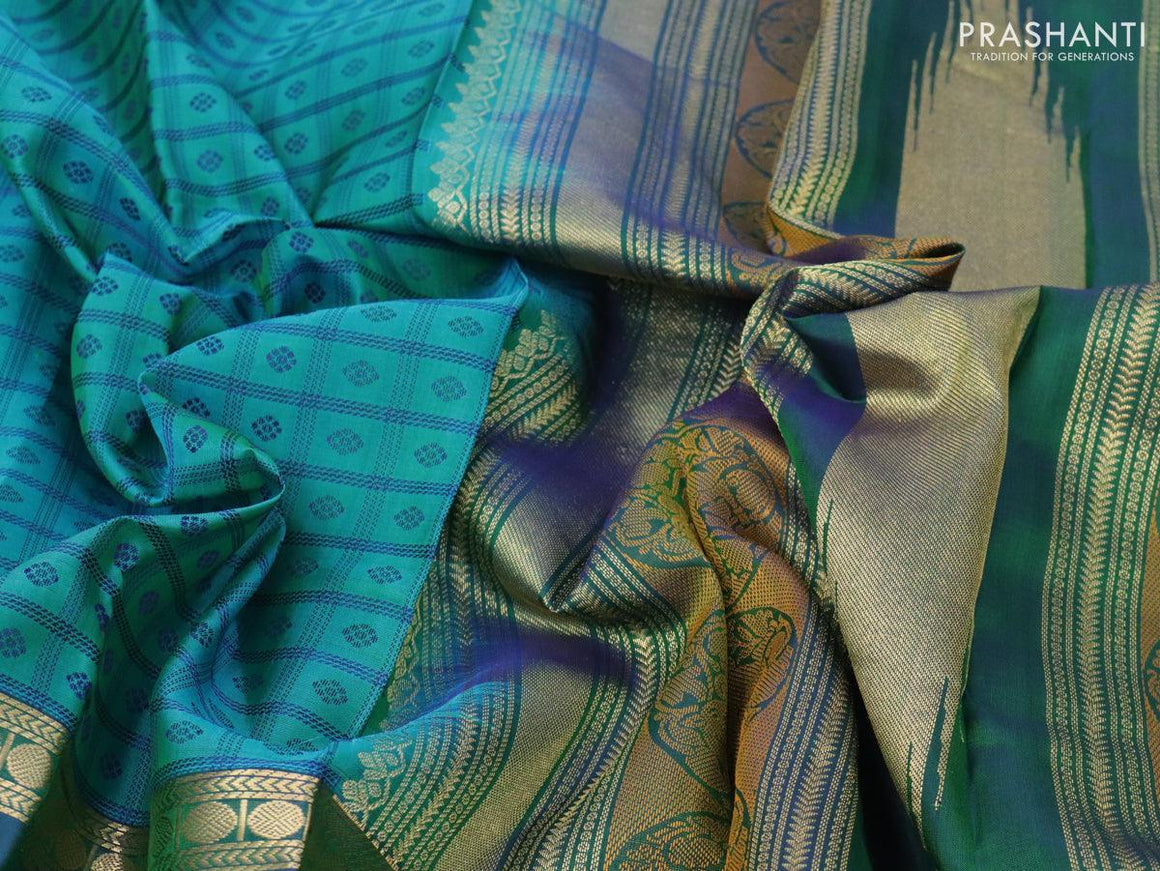 Pure kanjivaram silk saree teal blue and dual shade of bluish green with allover thread woven checks & buttas and rettapet zari woven border - {{ collection.title }} by Prashanti Sarees