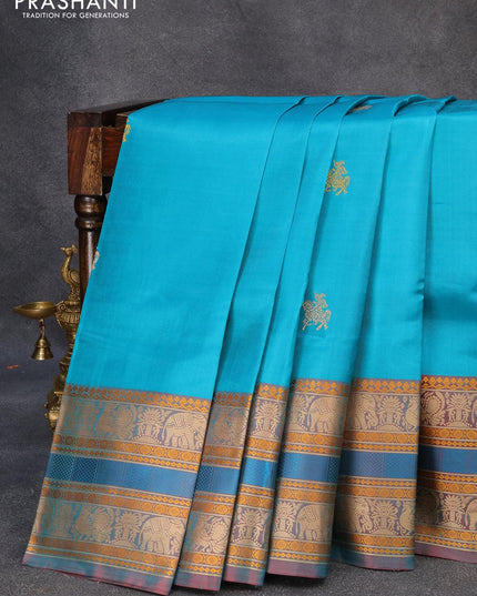 Pure kanjivaram silk saree teal blue and dual shade of maroon with thread woven buttas and thread woven border zero zari - {{ collection.title }} by Prashanti Sarees