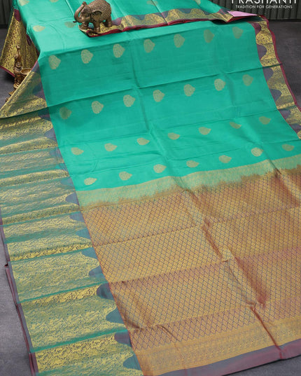 Pure kanjivaram silk saree teal blue and dual shade of maroon with zari woven buttas and rich zari woven border - {{ collection.title }} by Prashanti Sarees