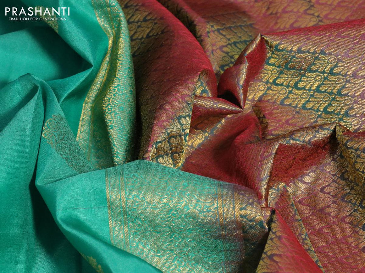 Pure kanjivaram silk saree teal blue and dual shade of maroon with zari woven buttas and rich zari woven border - {{ collection.title }} by Prashanti Sarees