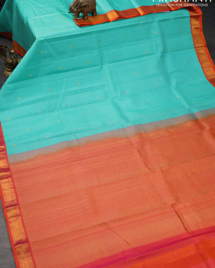 Pure kanjivaram silk saree teal blue and dual shade of orange with zari woven buttas and zari woven korvai border - {{ collection.title }} by Prashanti Sarees