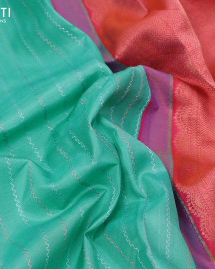 Pure kanjivaram silk saree teal blue and dual shade of pinkish orange with allover silver & copper zari weaves in borderless style - {{ collection.title }} by Prashanti Sarees