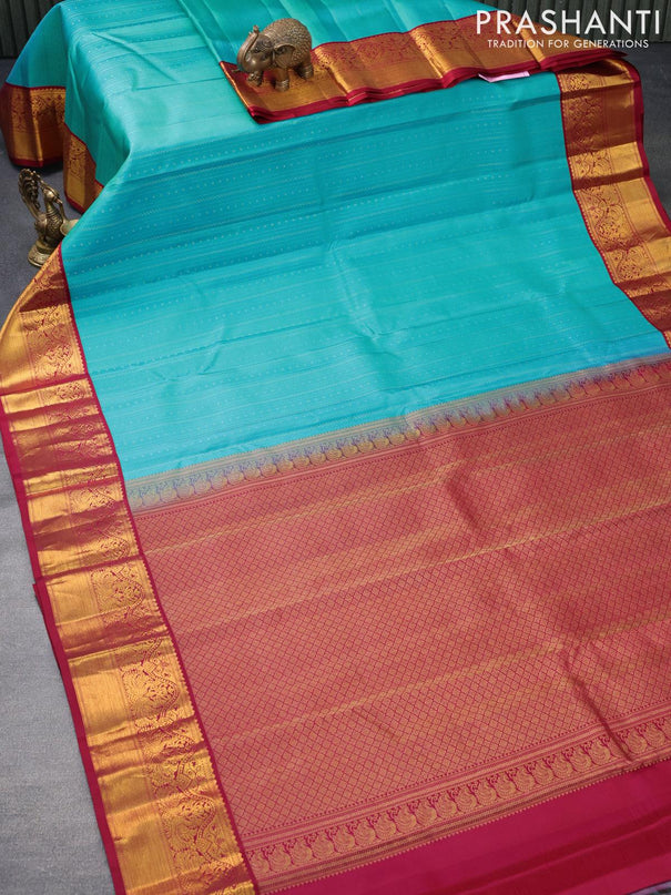 Pure kanjivaram silk saree teal blue and maroon with allover zari weaves and annam zari woven korvai border - {{ collection.title }} by Prashanti Sarees