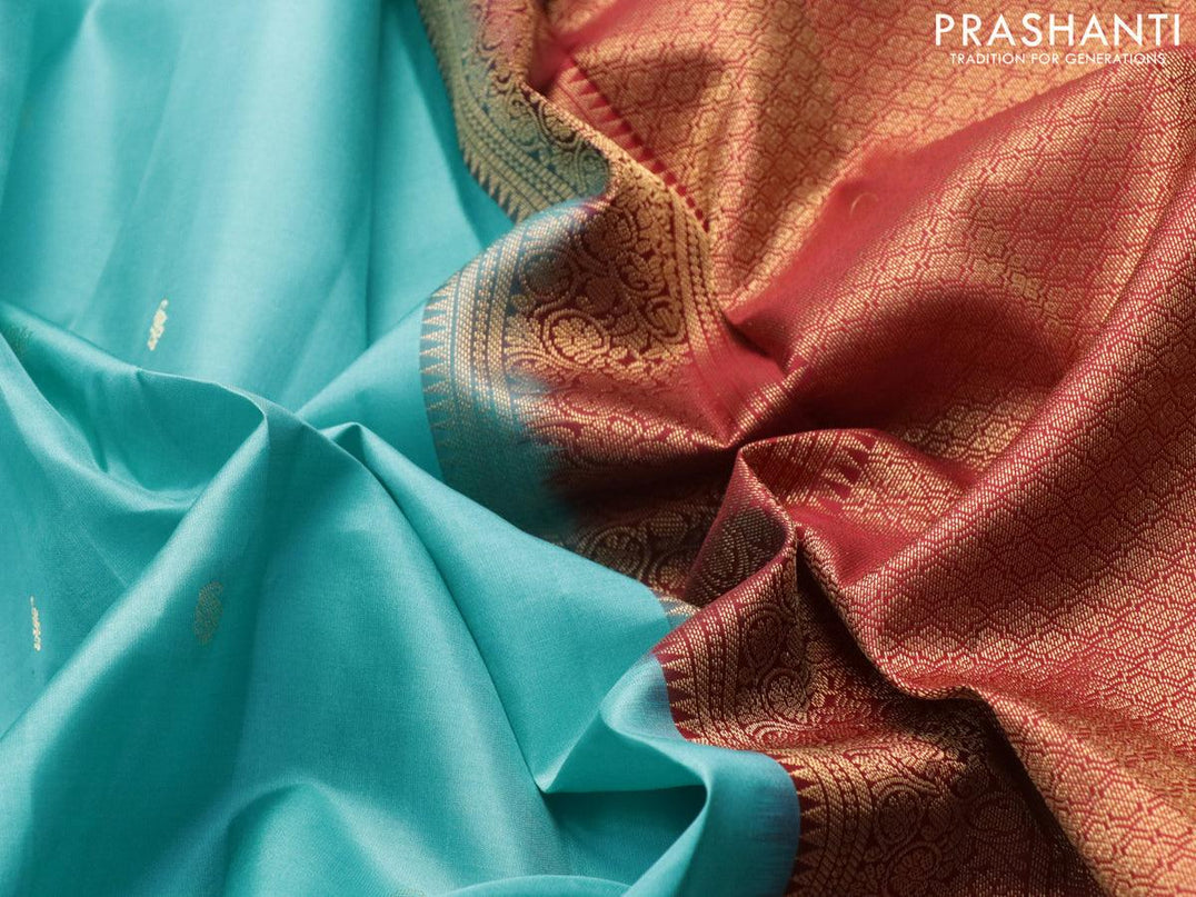 Pure kanjivaram silk saree teal blue and maroon with paisley zari woven buttas and rich zari woven korvai border - {{ collection.title }} by Prashanti Sarees