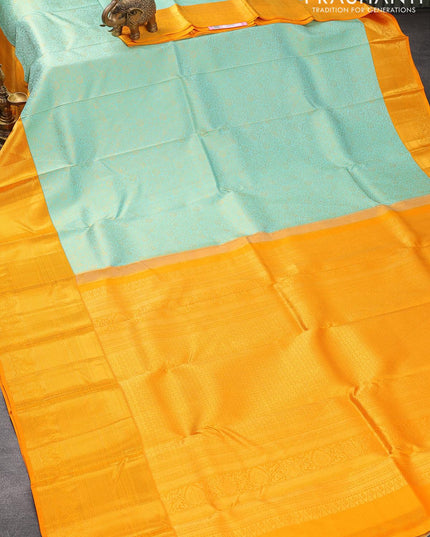 Pure kanjivaram silk saree teal blue and orange with allover zari woven brocade weaves and long zari woven border - {{ collection.title }} by Prashanti Sarees