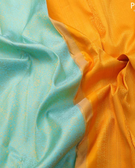 Pure kanjivaram silk saree teal blue and orange with allover zari woven brocade weaves and long zari woven border - {{ collection.title }} by Prashanti Sarees