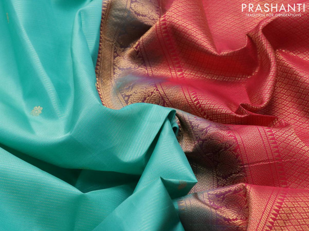 Pure kanjivaram silk saree teal blue and pink with allover zari weaves & buttas and zari woven korvai border - {{ collection.title }} by Prashanti Sarees