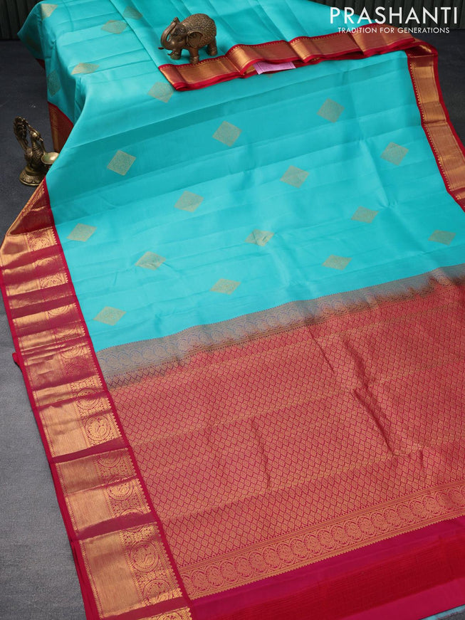 Pure kanjivaram silk saree teal blue and pink with zari woven buttas and annam zari woven korvai border - {{ collection.title }} by Prashanti Sarees