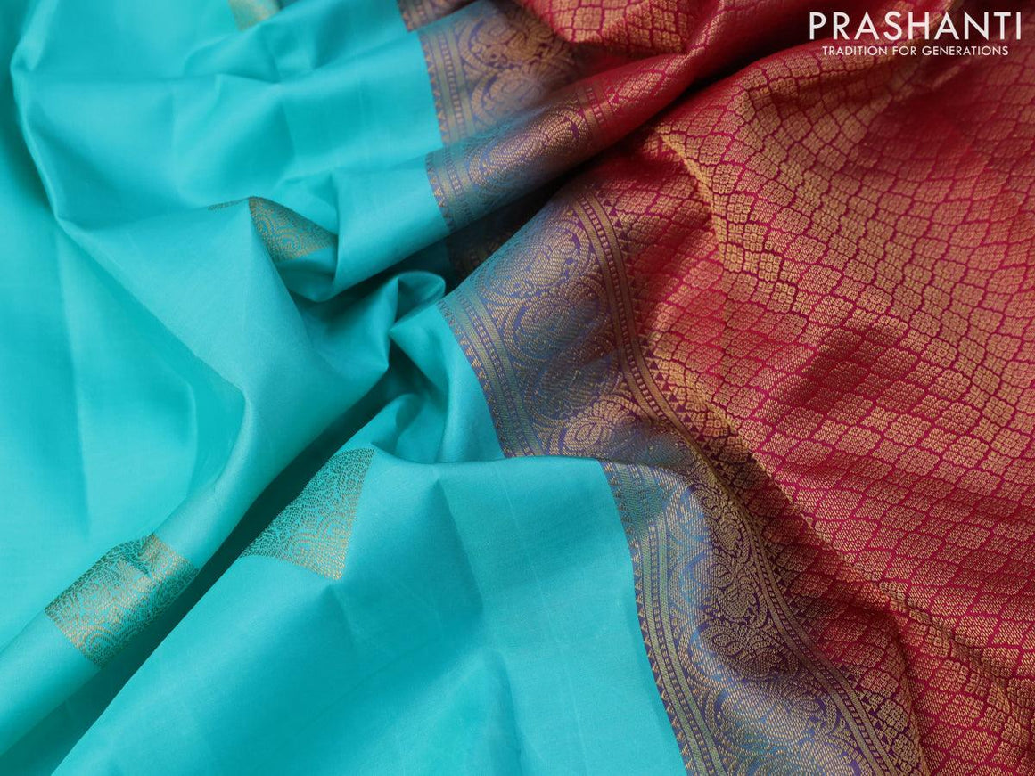Pure kanjivaram silk saree teal blue and pink with zari woven buttas and annam zari woven korvai border - {{ collection.title }} by Prashanti Sarees